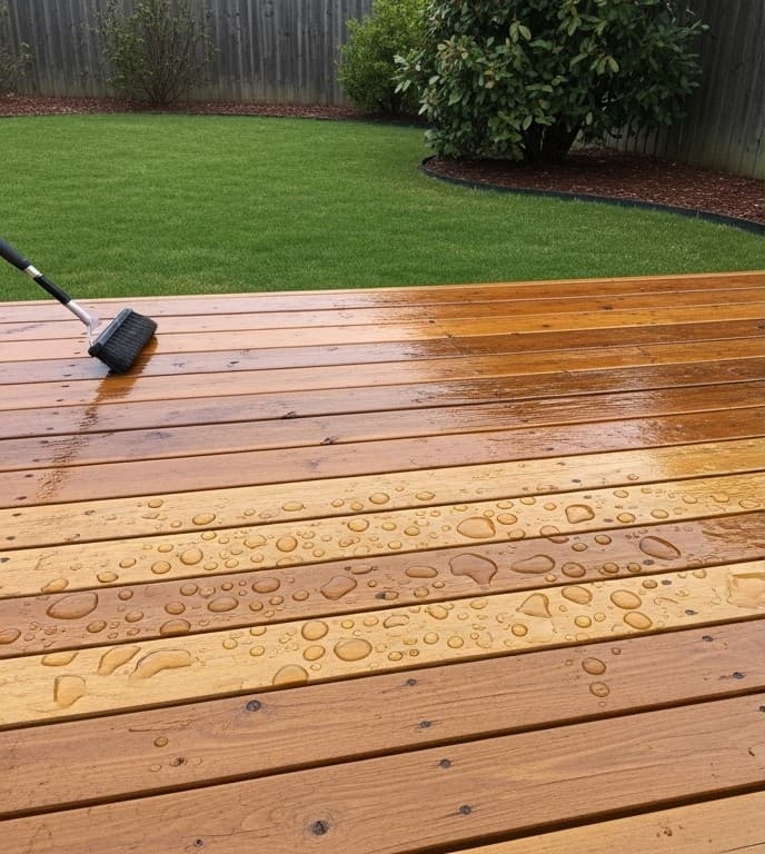 Clear sealer application on hardwood deck in Cambridge, Ontario