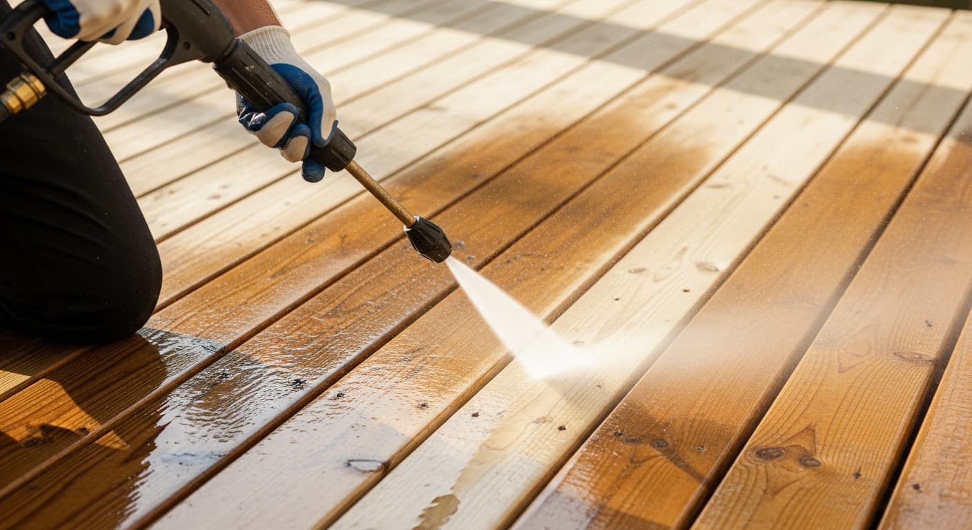 Power washing and prep work on a backyard deck in Guelph, Ontario
